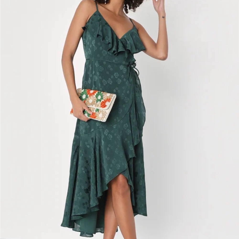 Lulus Exquisite Presence Emerald Floral Jacquard High-Low Wrap Dress